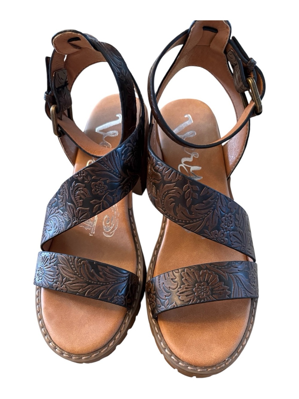 Very G Embossed Floral Western‑Boho Sandals – Size 7
